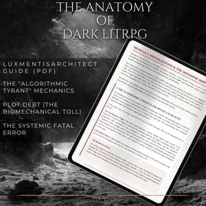 Peut inclure: Une tablette numérique affichant un document intitulé The Anatomy of Dark LitRPG, avec des sections sur l'Algorithmic Tyrant, Plot Debt et Systemic Fatal Error. L'écran présente du texte sur l'initialisation, la dopamine et la physique.