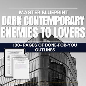 Op de afbeelding: Een digitale documentenset getiteld Master Blueprint Dark Contemporary Enemies to Lovers met 100+ pagina's met kant-en-klare contouren. De afbeelding toont een tabletscherm met meerdere gestapelde witte pagina's met zwarte tekst.