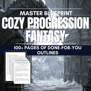 May include: A digital product featuring a stack of document pages with text outlines, displayed in front of a dark, snowy fantasy landscape. The text reads MASTER BLUEPRINT COZY PROGRESSION FANTASY and 100+ PAGES OF DONE-FOR-YOU OUTLINES.
