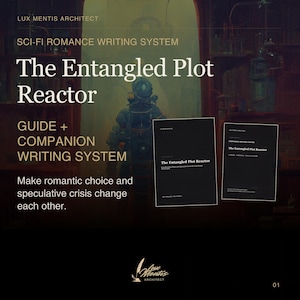 May include: Two black rectangular books titled The Entangled Plot Reactor, part of a Sci-Fi Romance Writing System. The text includes Lux Mentis Architect, Guide + Companion Writing System, and Make romantic choice and speculative crisis change each other.