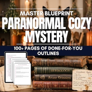 May include: A digital product guide titled Master Blueprint Paranormal Cozy Mystery with 100+ pages of outlines. The image features a black cat sitting on a stack of vintage books, a tablet displaying document pages, and a handwritten recipe card.