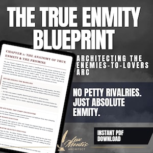Può includere: Un documento digitale intitolato The True Enmity Blueprint: Architecting the Enemies-to-Lovers Arc. Il testo include Chapter 1: The Anatomy of True Enmity & The Promise, Establishing the Baseline e Case Studies: The First Encounter.