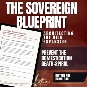 May include: A digital tablet displays a document titled The Sovereign Blueprint: Architecting the Heir Expansion. The text includes Chapter 1: Introduction - The Domestication Death-Spiral. The background is a dark red gradient with white text.