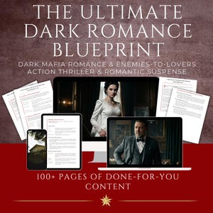 Op de afbeelding: De digitale gids The Ultimate Dark Romance Blueprint met 100+ pagina's aan inhoud. Bevat geprinte documenten, een smartphone, een tablet en een laptopscherm met afbeeldingen van een persoon in een witte jurk en een persoon in een smoking.