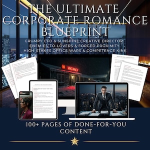 Puede incluir: Un paquete de productos digitales titulado The Ultimate Corporate Romance Blueprint con más de 100 páginas de contenido, mostrado en un monitor de computadora, tableta y teléfono inteligente, con documentos impresos y un hombre en traje.