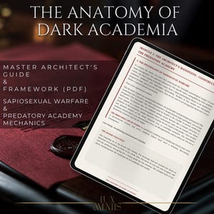 May include: A digital tablet displaying a document titled The Anatomy of Dark Academia, Module 1: The Architect's Manifesto. The screen shows text about sapiosexual warfare and institutional lethality. A dark red paper with a wax seal is visible.
