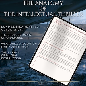 May include: A digital tablet displays a document titled The Anatomy of the Intellectual Thriller, featuring Module 1: The Blueprint of the Intellectual Thriller. Text lists Luxmentisarchitect Guide, The Choreography of Avoidance, and more.