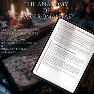 May include: A digital tablet displays a document titled The Anatomy of Dark Romantasy, featuring the Master Architect Framework PDF. The text covers Module I: The Abyssal Threshold, Decoding the #Villainera Appetite, and Transactional Intimacy.