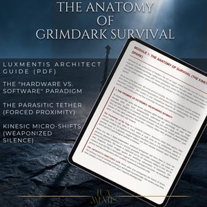 May include: A digital tablet displays a document titled The Anatomy of Grimdark Survival. The text includes sections on the Hardware vs. Software Paradigm, The Parasitic Tether, and Kinesic Micro-Shifts. The background is a dark, textured surface.