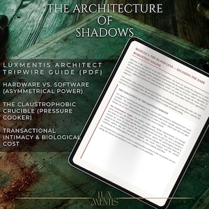 May include: A digital tablet displaying a document titled The Architecture of Shadows, featuring text about the Blood Lens Romantasy Engine, the Exhaustion of the Sanitized Heroine, and the Luxmentis Architect Tripwire Guide PDF.