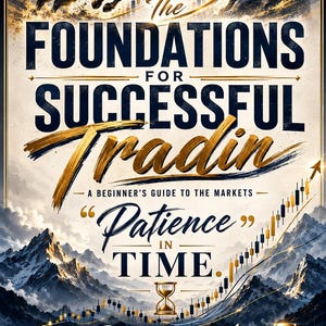 May include: A poster titled The Foundations for Successful Tradin: A Beginner's Guide to the Markets. It features a bull and bear, stock market charts, a mountain range, an hourglass, and icons for learn, practice, analyse, execute, and improve.