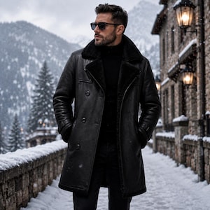 May include: A black leather trench coat featuring a thick black shearling collar and lapels, double-breasted button closures, and long sleeves. The coat has a smooth finish and reaches mid-thigh, worn over a black turtleneck sweater.