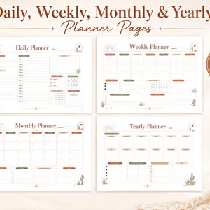 May include: A set of four digital planner pages labeled Daily, Weekly, Monthly, and Yearly Planner. Each white page features brown and green accents, cactus illustrations, and sun motifs. The text includes Daily Planner, Weekly Planner, Monthly Planner, Yearly Planner, 4 PNGs, 4 different PNG files to print yourself, and Digital Download.