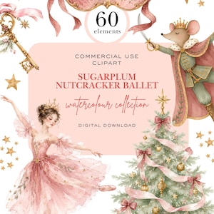Puede incluir: Una colección de imágenes prediseñadas en acuarela digital que incluye una máscara rosa, una llave dorada, un rey ratón con corona, una bailarina con tutú rosa y un árbol de Navidad decorado, con el texto 60 elements, commercial use y Sugarplum Nutcracker Ballet.