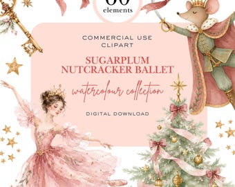 Könnte beinhalten: Eine digitale Aquarell-Clipart-Sammlung mit einer rosa Maske, einem goldenen Schlüssel, einer gekrönten Mäusekönig-Figur, einer Ballerina im rosa Tutu und einem geschmückten Weihnachtsbaum, mit dem Text 60 elements, commercial use und Sugarplum Nutcracker Ballet.