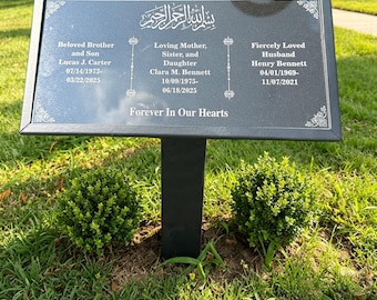 Custom Islamic Granite Grave Marker with Stake, Personalized Muslim Memorial Plaque, Arabic Calligraphy Options for 1–3 Loved Ones