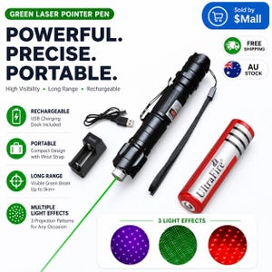 May include: A black laser pointer pen with a wrist strap, a USB charging dock, and a red and silver UltraFire battery. The device emits a green laser beam and features three projection patterns shown in purple, green, and red circular light effects.