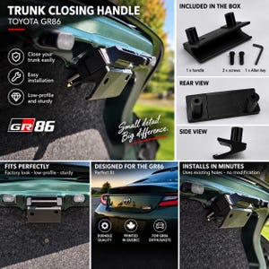 Puede incluir: Una manija negra para cerrar el maletero de un Toyota GR86, con un diseño de bajo perfil. El kit incluye una manija, dos tornillos y una llave Allen. La manija se muestra instalada en el interior del maletero, con vistas traseras y laterales.