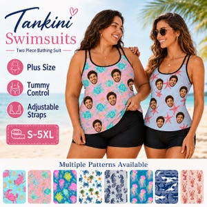 May include: Two-piece tankini swimsuits featuring a custom photo print pattern of a man's face repeated across the fabric. The tankini tops have black trim and adjustable straps, paired with solid black swim shorts. Includes text labels.