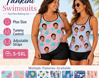 Custom Face Tankini Swimsuit Set, Personalized Photo Two Piece Bathing Suit, Ocean Print Plus Size Swimwear, Beach Vacation Gift