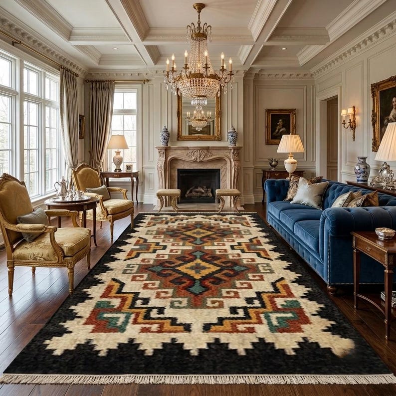 May include: A rectangular area rug featuring a geometric pattern in shades of black, cream, rust orange, teal, and mustard yellow. The rug has a central diamond motif, a stepped border design, and short white fringe along the two shorter ends.