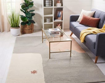 Hand Tufted Wool Area Rug | Modern Abstract Neutral Rug | Beige Grey Living Room Rug | Handmade Contemporary Carpet | Custom Size Rug