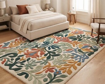 Hand Tufted Floral Wool Rug, Modern Botanical Area Rug, Handmade Living Room Rug, Luxury Bedroom Rug, Custom Size Carpet