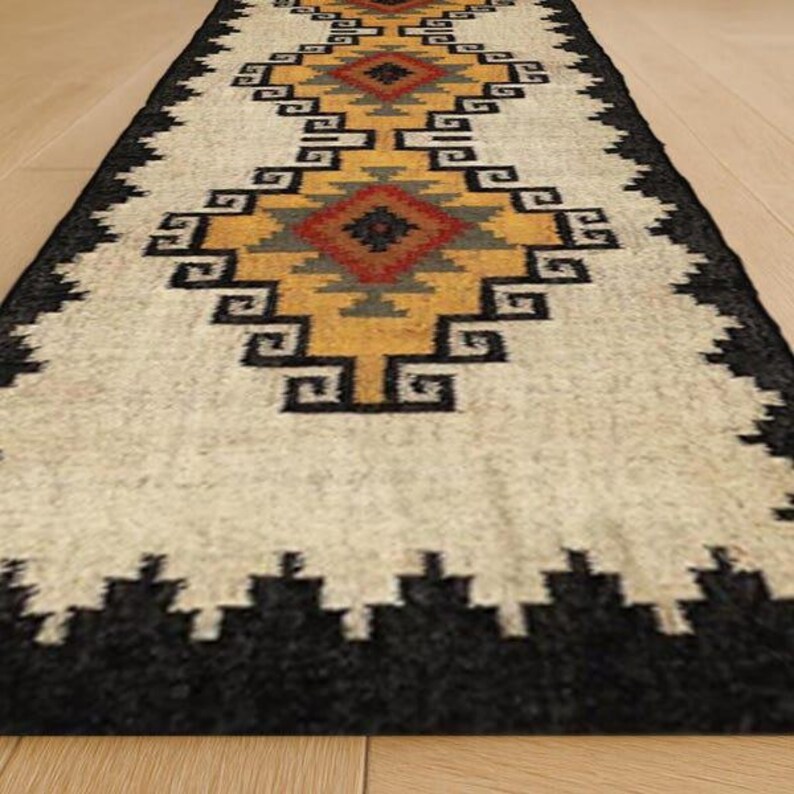 Handwoven Kilim Rug, Wool Area Rug, Geometric Tribal Rug, Black Ivory Rug, Boho Living Room Rug, Farmhouse Decor image 7