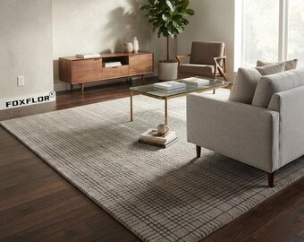 Hand Tufted Wool Area Rug, Modern Grid Rug, Neutral Beige Gray Rug, Geometric Handmade Carpet, Contemporary Living Room Rug, Custom Size