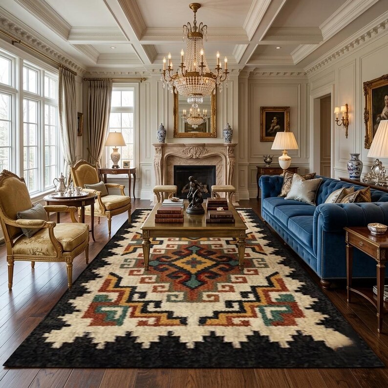 Handwoven Kilim Rug, Wool Area Rug, Geometric Tribal Rug, Black Ivory Rug, Boho Living Room Rug, Farmhouse Decor image 6