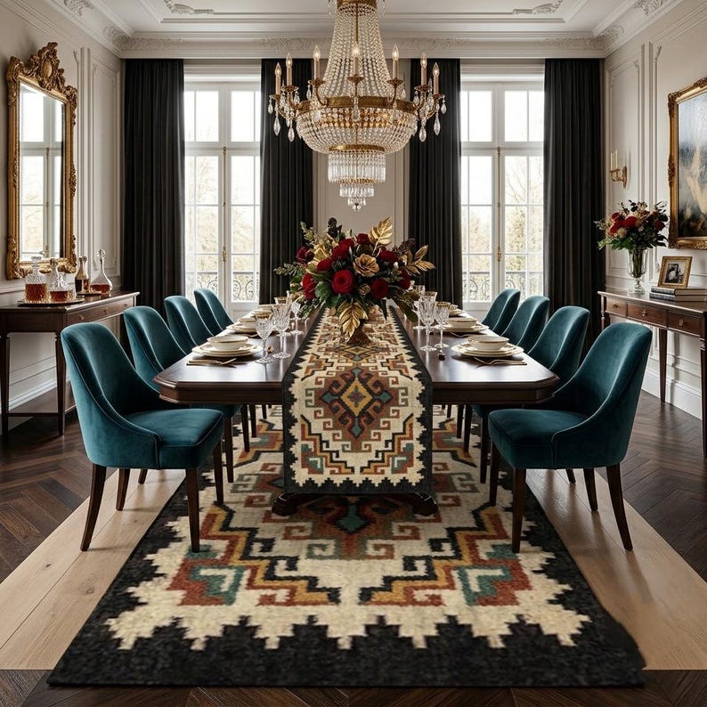 May include: A long rectangular dining table set with teal velvet chairs, featuring a table runner with a geometric pattern in black, cream, orange, and teal. A large crystal chandelier hangs above, and a matching area rug lies on the floor.