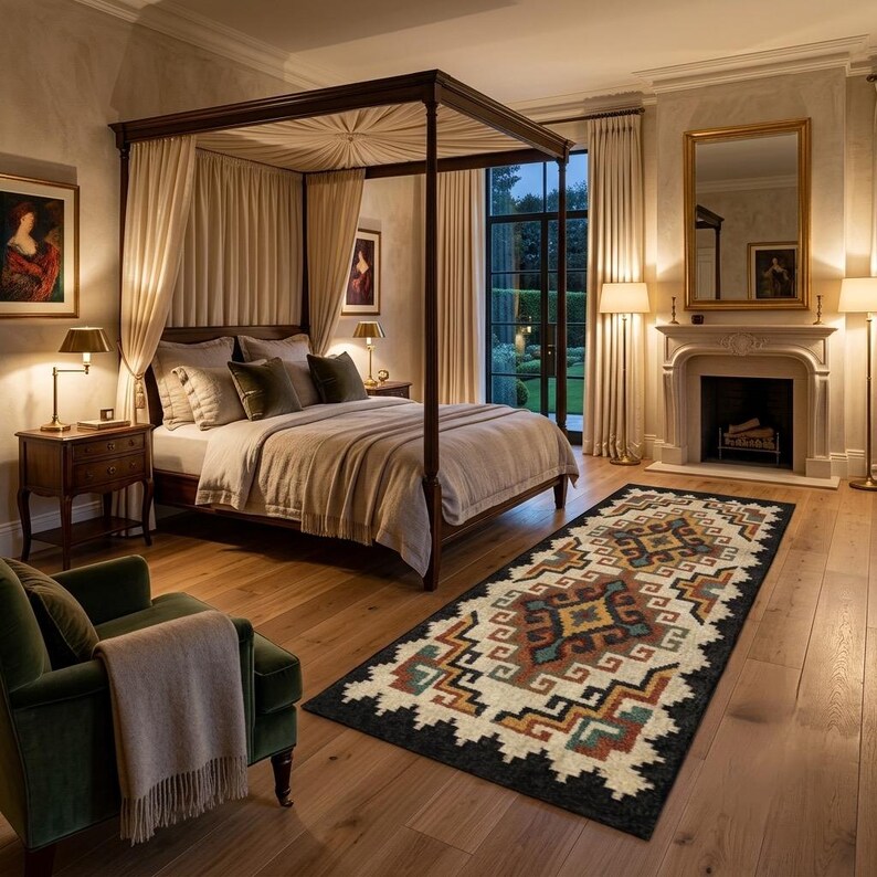 May include: A rectangular area rug featuring a geometric pattern in shades of black, cream, rust orange, and teal. The rug has a repeating diamond-like motif with stepped edges and a dark border, positioned on a light-colored wooden floor in a room.