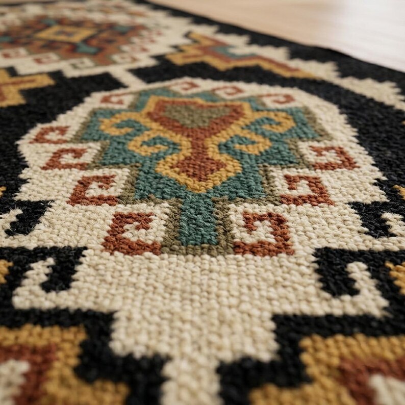 May include: A woven area rug featuring a repeating geometric pattern in black, cream, teal, mustard yellow, and terracotta. The texture is thick and tufted, showcasing intricate shapes and symmetrical motifs across the surface of the floor covering.