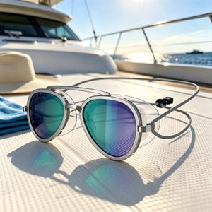 Könnte beinhalten: Sonnenbrille im Fliegerstil mit silbernen Rahmen und reflektierenden blau-grünen Gläsern. Die Brille verfügt über transparente Seitenschutzblenden und ein dünnes, verstellbares silbernes Band, das für einen sicheren Halt hinten verläuft.