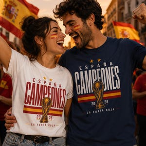 May include: A white t-shirt and a navy blue t-shirt, both featuring the text ESPAÑA CAMPEONES, a graphic of a gold trophy, the years 20 26, and the text LA FURIA ROJA, with a horizontal red and yellow stripe design across the chest area.
