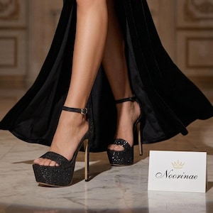 Black Sequin Platform Sandals Open Toe Thin High Heel Buckle Strap Sparkly Party Club Night Out Glam Comfortable Women, Plus Size Gift