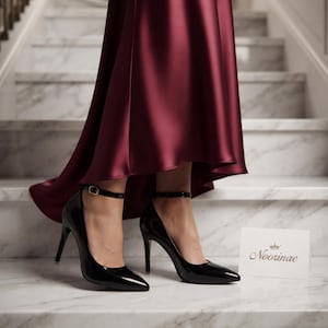 Black Patent Stiletto Pumps, Pointed Toe Buckle Heels, Handmade Work Party Shoes