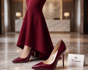 Weinrotes Lackleder Spitzschuh Plattform Stiletto Heels für Frauen, Elegante Hochzeit Kleid Pumps Slip On Geschenk Schuhe 10 CM