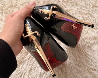 Black Stiletto Heels, Sculpted Metal Heel, Pointed Toe Pumps, Evening Party Shoes