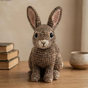 May include: A brown and tan crocheted rabbit figurine with long ears, black eyes, and a white nose area. The rabbit has a textured yarn surface and is sitting upright. The text WILD RABBIT CROCHET SAMPLE is visible in the upper left corner.