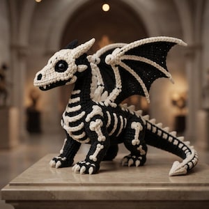 May include: A crocheted dragon figurine featuring a black body with white yarn detailing that mimics a skeletal structure. The creature has large dark eyes, pointed ears, expansive wings, and a long tail, all crafted with intricate yarn stitches.
