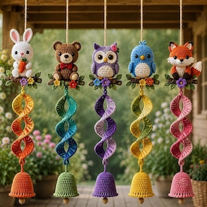 May include: Five hanging crochet ornaments featuring a white rabbit, brown bear, purple owl, blue bird, and orange fox. Each animal sits on a branch with flowers above a colorful spiral tail and a matching crochet bell at the bottom.