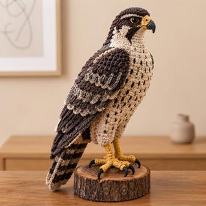 Può includere: Una statuetta di falco all'uncinetto realizzata con filato marrone scuro e crema, con piume d'ala dettagliate, becco e zampe gialle con artigli neri, in piedi su una base circolare in legno strutturato con corteccia visibile.