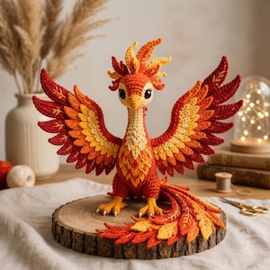 Könnte beinhalten: Eine gehäkelte Phönix-Figur aus orangefarbenem, rotem und gelbem Garn. Das Wesen hat große dunkle Augen, einen Federkamm auf dem Kopf und weit ausgebreitete Flügel. Die langen, detaillierten Schwanzfedern liegen auf einem Holzsockel.