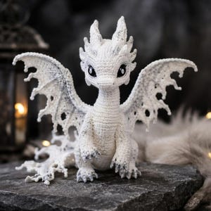 May include: A white crocheted dragon figurine featuring large, intricate wings with frayed edges, a textured body, and dark, glossy eyes. The creature has small horns on its head and detailed claws on its feet, with subtle grey shading on the wing tips and toes.