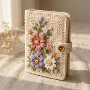 May include: A cream-colored crochet notebook cover featuring a floral design with pink, purple, white, and orange yarn flowers and green leaves. The cover includes a side strap secured with a single brown wooden button for closure.