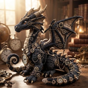 May include: A crocheted dragon figurine in dark blue and beige yarn, adorned with metallic gold-toned gears, clock faces, and chains. The creature features textured scales, pointed horns, and wings, with a prominent pocket watch attached to its chest.