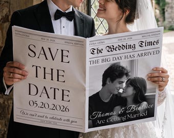 Personalized Newspaper Save the Date, Vintage Wedding Announcement, Custom Photo Keepsake