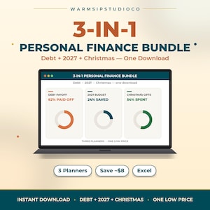 May include: A digital 3-in-1 personal finance bundle displayed on a laptop screen, featuring trackers for debt payoff, 2027 budget, and Christmas gifts with circular progress charts. The interface includes text labels and data visualizations.