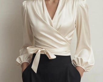 Blusa de satén con escote en V para mujer: Blusa formal de manga larga para el trabajo.